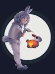  1girl :3 animal_ears arctic_hare_(kemono_friends) beleven buttons closed_eyes closed_mouth drill_locks eyebrows_visible_through_hair from_side full_body full_moon hand_up highres holding holding_lantern kemono_friends lantern medium_hair mittens moon outstretched_hand pantyhose paper_lantern poncho rabbit_ears rabbit_girl rabbit_tail reward_available shorts smile solo tail white_hair white_legwear white_mittens 