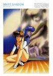  1980s_(style) 1girl bangs blue_eyes border brown_hair copyright_name cream_lemon different_reflection full_body hand_to_head highres leotard long_hair mirror official_art parted_lips reflection retro_artstyle solo white_footwear white_shadow 