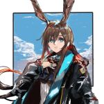  1girl amiya_(arknights) animal_ears arknights black_coat blue_background blue_eyes border brown_hair closed_mouth coat hair_between_eyes hand_on_own_chest jewelry kdm_(ke_dama) long_sleeves looking_at_viewer multiple_rings open_clothes open_coat rabbit_ears ring solo white_border 