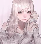  1girl bangs blush clenched_hand collarbone eyebrows_behind_hair grey_eyes grey_sweater highres jewelry light_smile looking_at_viewer mano_aaa necklace off-shoulder_sweater off_shoulder original platinum_blonde_hair portrait ring solo sweater 