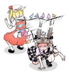  2girls black_footwear black_legwear blonde_hair brown_eyes brown_hair checkered checkered_skirt crystal dodging flandre_scarlet hat hat_ribbon highres himekaidou_hatate long_hair mary_janes mob_cap motion_lines multiple_girls open_mouth peroponesosu. purple_skirt red_skirt red_vest ribbon sandals scared shirt shoes short_hair simple_background skirt tokin_hat touhou two_side_up vest white_background white_shirt wide-eyed wings 