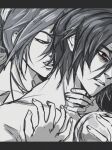  black_hair dirge_of_cerberus_final_fantasy_vii final_fantasy final_fantasy_vii greyscale hairband highres inferno long_hair looking_down lucrecia_crescent materia monochrome orb red_eyes short_hair topless_male vincent_valentine 