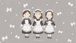  3girls amreo29 apron black_footwear bow braid brown_hair grey_background hair_bow kimetsu_no_yaiba maid maid_apron maid_headdress multiple_girls nakahara_sumi smile standing takada_naho terauchi_kiyo twintails 