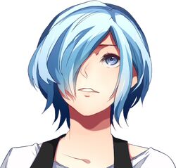  1girl apron bangs black_apron blue_eyes commentary_request derivative_work g4265059 hair_over_one_eye kirishima_touka looking_up lowres parted_lips portrait shirt short_hair simple_background solo teeth tokyo_ghoul tokyo_ghoul:re white_background white_shirt 