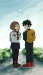  1boy 1girl boku_no_hero_academia brown_eyes brown_hair couple green_eyes green_hair hetero highres looking_at_viewer md5_mismatch midoriya_izuku pantyhose school_uniform tooshiro10 uraraka_ochako younger 