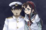  1boy 1girl admiral_(kancolle) bangs black_background blue_eyes blue_sailor_collar commentary_request empty_eyes facial_hair glasses hairband hat kantai_collection long_hair mizuki_kyou ooyodo_(kancolle) open_mouth red_hairband red_neckwear sailor_collar school_uniform serafuku shaded_face simple_background upper_body white_headwear 