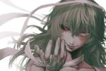  1girl bandaged_arm bandaged_hand bandages bangs black_sclera blurry colored_sclera commentary_request depth_of_field eto_(tokyo_ghoul) eyebrows_visible_through_hair fuon_shichimi green_eyes green_hair hair_between_eyes highres long_hair looking_at_viewer red_eyes simple_background smile solo tokyo_ghoul white_background 