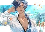  1boy bangs blue_eyes bottle crossed_bangs dark-skinned_male dark_skin earrings fangs genshin_impact hair_between_eyes high_collar highres hiiro_(coinxtossxdive) holding holding_bottle jewelry kaeya_(genshin_impact) leaf long_hair looking_at_viewer male_focus one_eye_closed open_mouth palm_tree pectoral_cleavage pectorals shirt single_earring sky solo tree twitter_username upper_body white_shirt 