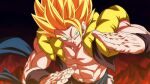  1boy blonde_hair closed_mouth dragon_ball dragon_ball_super dragon_ball_super_broly fighting_stance gogeta green_eyes male_focus metamoran_vest muscular muscular_male pectorals rom_(20) sash serious solo spiky_hair super_saiyan super_saiyan_1 upper_body 