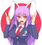  1girl animal_ears bangs blush_stickers breasts collared_shirt commentary covered_nipples english_commentary extra_ears eyebrows_visible_through_hair hair_between_eyes hands_up inkerton-kun large_breasts long_hair long_sleeves looking_at_viewer necktie open_mouth pointing pointing_up purple_hair rabbit_ears red_eyes red_neckwear reisen_udongein_inaba shirt sidelocks simple_background solo suit_jacket touhou upper_body w_arms wavy_mouth white_shirt 
