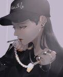  1girl baseball_cap black_hair black_headwear black_sweater chain cigarette ear_piercing grey_background hair_behind_ear hat highres in_mouth jewelry long_hair looking_to_the_side mano_aaa necklace orange_nails original piercing ring smoking solo sweater 