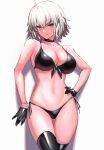  1girl ass_visible_through_thighs bangs bikini black_bikini black_choker black_gloves black_legwear bracelet breasts choker closed_mouth collarbone eyebrows_visible_through_hair fate/grand_order fate_(series) gloves highres jeanne_d&#039;arc_(alter)_(fate) jeanne_d&#039;arc_(fate) jewelry large_breasts looking_at_viewer navel necklace short_hair side-tie_bikini silver_hair skindentation smile solo standing swimsuit thigh-highs thigh_gap tsurime ulrich_(tagaragakuin) yellow_eyes 