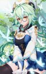  1girl black_legwear breasts butterfly closed_mouth female genshin_impact glasses gloves hair_between_eyes hat short_hair suantan sucrose_(genshin_impact) thigh-highs thighs white_gloves 