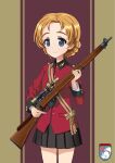  1girl bangs black_skirt blue_eyes braid chinese_commentary closed_mouth commentary emblem epaulettes girls_und_panzer guan_1005 gun highres holding holding_gun holding_weapon jacket lee-enfield long_sleeves looking_at_viewer military military_uniform miniskirt orange_hair orange_pekoe_(girls_und_panzer) parted_bangs pleated_skirt red_jacket rifle sash scope short_hair skirt smile solo st._gloriana&#039;s_(emblem) st._gloriana&#039;s_military_uniform standing tied_hair twin_braids uniform weapon 