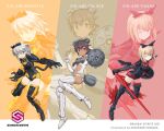  30_minutes_sisters 3girls blonde_hair boots brown_hair character_name clenched_hand copyright_name dark-skinned_female dark_skin floating green_eyes grey_hair highres holding holding_shield holding_sword holding_weapon joints leotard logo luluce_(30ms) mecha_musume model_kit multiple_girls official_art one_eye_closed open_mouth promotional_art rishetta_(30ms) shield shimada_fumikane smile sword thigh-highs thigh_boots tiasha_(30ms) weapon white_leotard 