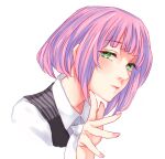  1girl bangs black_vest bob_cut closed_mouth collared_shirt cropped_shoulders derivative_work g4265059 green_eyes hairu_ihei hand_up looking_at_viewer pink_hair shiny shiny_hair shirt short_hair simple_background solo symbol-only_commentary tokyo_ghoul tokyo_ghoul:re upper_body vest white_background white_shirt 