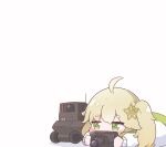  1girl ahoge arknights blonde_hair blush camera chibi eyebrows_visible_through_hair green_eyes hair_ornament holding holding_camera jacket kurotofu lens_(arknights) lying on_stomach robot scene_(arknights) short_hair simple_background thick_eyebrows white_background white_jacket 