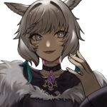  1girl animal_ears black_choker black_dress boots bright_pupils cat_ears choker closed_mouth commentary_request dress earrings facial_mark feather_earrings feathers final_fantasy final_fantasy_xiv fur-trimmed_boots fur_trim grey_eyes grey_hair hand_up jewelry miqo&#039;te oukiyayoi portrait red_lips short_hair simple_background smile solo tattoo whisker_markings white_background white_pupils y&#039;shtola_rhul 