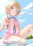  1girl bare_arms bare_legs bare_shoulders blonde_hair blue_eyes blue_neckwear blue_ribbon blue_sky blush breasts clouds covered_navel day feet_out_of_frame goldowl highres knee_up medium_breasts miniskirt neck_ribbon open_mouth outdoors pink_skirt pink_vest pokemon pokemon_(anime) ribbon see-through serena_(pokemon) shallow_water short_hair sitting skirt sky sleeveless solo sunlight vest water wet wet_clothes wet_skirt 