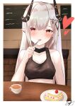  1girl absurdres arknights bangs bare_shoulders blush cake crop_top cup demon_girl demon_horns eating food fork highres holding holding_fork horns infection_monitor_(arknights) long_hair mudrock_(arknights) pointy_ears red_eyes silver_hair solo teacup yoshi-j 