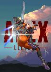  absurdres apex_legends ass black_footwear bodysuit clouds copyright_name finger_gun floating hair_behind_ear highres huge_filesize in-universe_location jetpack lightning logo looking_to_the_side metal_boots mountain orange_bodysuit orange_eyes parted_lips science_fiction smile tbocart thrusters valkyrie_(apex_legends) world&#039;s_edge 