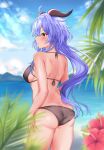  1girl absurdres ahoge alternate_costume ass bangs bare_back beach bikini black_bikini blue_hair blue_sky blurry breasts butt_crack clouds cloudy_sky commentary_request depth_of_field eyebrows_visible_through_hair flower from_behind ganyu_(genshin_impact) genshin_impact hair_between_eyes highres hisuka horizon horns long_hair looking_away mountainous_horizon ocean sideboob sidelocks sky smile solo spaghetti_strap swimsuit violet_eyes 