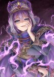  1girl alternate_costume bangs blue_eyes cosplay eremiya fire_emblem fire_emblem:_new_mystery_of_the_emblem gharnef gharnef_(cosplay) hair_between_eyes hand_on_own_face hat long_sleeves looking_at_viewer magic purple_hair smile solo ten_(tenchan_man) upper_body veil yandere 