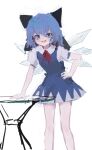  :d bare_legs blue_dress blue_eyes blue_hair blush bow breasts cirno dress eyebrows_visible_through_hair eyes_visible_through_hair hair_bow hair_ornament hand_on_hip highres ice ice_wings necktie open_mouth red_neckwear reddizen sketch small_breasts smile table tagme thighs touhou white_background wings 
