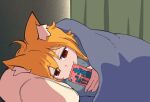  1girl ahoge animal_ear_fluff animal_ears asymmetrical_hair bangs bed blonde_hair cellphone closed_mouth commentary_request cookie_(touhou) eyebrows_visible_through_hair fang fang_out fox_ears fox_girl fox_tail hair_between_eyes highres holding holding_phone looking_at_phone lying medium_hair miramikaru_riran on_side phone pillow red_eyes sidelocks smartphone solo tail under_covers upper_body yan_pai 