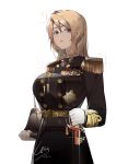  1girl absurdres aiguillette belt black_jacket blue_eyes blush breasts buttons chinese_commentary commentary_request double-breasted epaulettes gloves headwear_removed highres holding holding_sword holding_weapon jacket large_breasts lezhu long_hair long_sleeves looking_at_viewer medallion military military_uniform original parted_lips ponytail signature simple_background solo sword uniform upper_body weapon white_background white_gloves 