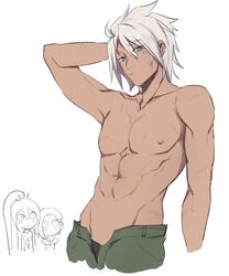  1boy 2girls abs alphen_(tales) bare_arms bare_pectorals bare_shoulders belly biceps blue_eyes blush chibi dark-skinned_male dark_skin highres long_hair male_focus multiple_girls no_shirt pants pectorals rinwell_(tales) scar shionne_(tales) short_hair sidelocks silver_hair tales_of_(series) tales_of_arise toned topless topless_male tusia very_long_hair 