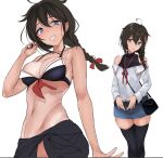  1girl ahoge bag bangs bikini black_bikini black_legwear blue_eyes blush breasts brown_hair denim denim_skirt grin hair_between_eyes hair_flaps hair_ornament hair_ribbon kantai_collection long_hair long_sleeves looking_at_viewer medium_breasts multiple_views navel red_ribbon remodel_(kantai_collection) ribbon sailor_bikini sailor_collar sarong shigure_(kancolle) simple_background skindentation skirt smile swimsuit tan tanlines thigh-highs yukiguni_yuu 