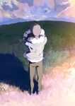  1boy clouds commentary_request day from_behind fur-trimmed_jacket fur_trim grass grey_footwear grey_hair grey_jacket holding holding_pokemon hop_(pokemon) jacket kmtk male_focus outdoors pants pokemon pokemon_(creature) pokemon_(game) pokemon_swsh shoes short_hair sky standing wooloo 