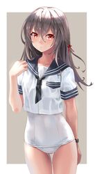  1girl black_neckwear black_sailor_collar border commentary_request cowboy_shot grey_background katahira_masashi long_hair looking_at_viewer neckerchief original red_eyes sailor_collar sailor_shirt school_uniform serafuku shirt solo standing swimsuit swimsuit_under_clothes two-tone_background white_background white_border white_shirt white_swimsuit 