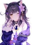  1girl ;t animal_ear_fluff animal_ears black_choker black_hair blush brown_eyes cat_ears choker closed_mouth collared_shirt commentary_request copyright_request crescent flower hair_flower hair_ornament hand_up head_tilt highres jacket long_hair multicolored_hair noyu_(noyu23386566) one_side_up open_clothes open_jacket pink_flower purple_hair purple_jacket purple_neckwear purple_skirt shirt simple_background skirt solo streaked_hair upper_body virtual_youtuber white_background white_shirt 