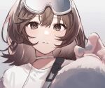  1girl arknights arm_up bangs brown_eyes brown_hair choker collared_shirt eyebrows_visible_through_hair eyes_visible_through_hair goggles goggles_on_head gradient gradient_background grey_nails hair_between_eyes highres long_hair looking_at_viewer lyas parted_lips plucking roberta_(arknights) shirt simple_background solo upper_body white_background white_shirt 