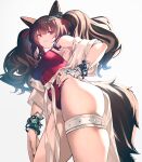  1girl absurdres angelina_(arknights) angelina_(distinguished_visitor)_(arknights) animal_ears arknights armpits bangs bare_shoulders bracelet breasts brown_hair casual_one-piece_swimsuit closed_mouth covered_navel cowboy_shot eyebrows_visible_through_hair fox_ears fox_girl fox_tail from_below gaanc_23_(tomosuge) hand_on_hip highres jewelry medium_breasts necklace official_alternate_costume one-piece_swimsuit red_eyes red_swimsuit ring sidelocks sideways_glance simple_background solo swimsuit tail thigh_strap thighs twintails white_background 