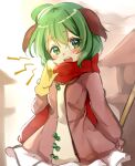  1girl ahoge animal_ears arm_behind_back bangs blush broom commentary_request dress gloves green_eyes green_hair hand_up holding holding_broom kasodani_kyouko long_sleeves looking_at_viewer medium_hair open_mouth paragasu_(parags112) pink_dress red_scarf scarf solo stone_lantern touhou upper_body upper_teeth winter_clothes yellow_gloves 