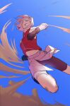  1girl black_gloves breasts clear_sky clenched_teeth dd_supergirl fighting_stance foot_out_of_frame gloves green_eyes haruno_sakura highres jumping leggings medium_hair midriff naruto_(series) naruto_shippuuden navel pink_hair sand sky sleeveless small_breasts solo teeth wind 