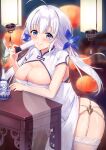  1girl azur_lane blue_eyes breasts bursting_breasts china_dress chinese_clothes cleavage_cutout clothing_cutout dress folding_fan garter_straps hand_fan highres holding holding_fan illustrious_(azur_lane) illustrious_(maiden_lily&#039;s_radiance)_(azur_lane) itaba_atsushi large_breasts leaning_forward long_hair mole mole_under_eye official_alternate_costume see-through skindentation solo thigh-highs tri_tails white_dress white_hair white_legwear 