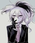 1boy avogado6 black_gloves black_jacket closed_mouth flower_(vocaloid) gloves hand_up jacket long_hair looking_at_viewer male_focus necktie pink_eyes sketch solo upper_body v_flower_(vocaloid4) vocaloid 