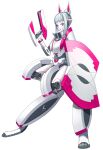  android animal_ears aqua_hair armor colored_skin digitigrade full_body gun highres hispol_(04-uma-alpha) holding holding_gun holding_shield holding_weapon joints looking_at_viewer original pink_eyes rabbit_ears robot_joints science_fiction shield solo standing weapon white_background white_skin 