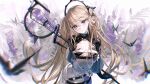  1girl arknights arms_behind_back bangs belt brown_hair closed_mouth eyebrows_visible_through_hair gloves hair_ornament highres holding holding_staff indigo_(arknights) infection_monitor_(arknights) pointy_ears rumoon smile solo staff violet_eyes 