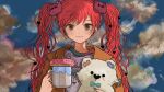  1girl alternate_hair_color bangs bear_hair_ornament blue_sky brown_eyes closed_mouth clouds coffee_cup commentary_request cup disposable_cup doughnut earrings food hair_ornament hatsune_miku heart heart_hair_ornament jacket jewelry long_hair looking_at_viewer maple_(abc2215) orange_jacket purple_shirt redhead shirt sky solo stud_earrings stuffed_animal stuffed_toy teddy_bear twintails upper_body vocaloid 