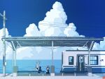  animal_ears blue_sky cat_ears clouds cumulonimbus_cloud ground_vehicle hat ocean original sky summer tail torimomu train train_station 