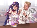  1boy 1girl @_@ apron bangs blonde_hair blunt_bangs blurry blurry_background braid braided_ponytail breasts bridal_gauntlets chef_uniform commentary crossover electricity english_commentary english_text eyebrows_visible_through_hair food foxyreine frilled_apron frills frying_pan genshin_impact gordon_ramsay hair_ornament hand_up hands_up hell&#039;s_kitchen highres holding indoors ladle large_breasts long_hair mole mole_under_eye neck_ribbon obi open_mouth parted_lips purple_hair raiden_shogun raised_eyebrows real_life ribbon sash short_hair speech_bubble spoon tearing_up violet_eyes watch watch white_apron window wrinkled_skin 