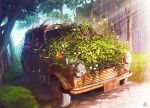  abandoned animal bird car commentary_request day fence flower ground_vehicle mocha_(cotton) motor_vehicle no_humans original outdoors overgrown purple_flower rust scenery signature sunlight tree vehicle_request white_flower wooden_fence 