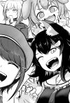  4girls :3 absurdres animal_collar animal_ears beret cat_ears cat_girl choker closed_eyes collar dog_ears dog_girl eating fangs food fox_ears fox_girl greyscale hat highres hololive inugami_korone monochrome multiple_girls nekomata_okayu odoc one_eye_closed onigiri ookami_mio oozora_subaru paw_pose sailor_collar sailor_shirt shirt sweater virtual_youtuber 