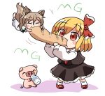  2girls animal animal_ears black_skirt black_vest blonde_hair blush_stickers bottle bread closed_eyes dress eating eyebrows_visible_through_hair food fox_ears fox_tail green_ribbon hair_between_eyes hair_ribbon holding holding_bottle holding_food kudamaki_tsukasa light_brown_hair long_hair long_sleeves mg_mg milk milk_bottle motion_lines multiple_girls pig red_footwear red_ribbon ribbon rokugou_daisuke romper rumia shirt shoes short_hair signature simple_background skirt tail touhou vest white_background white_dress white_legwear white_shirt 