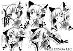  1girl :d animal_ears bangs blush bow cat_ears closed_mouth copyright_request crying crying_with_eyes_open eighth_note eyebrows_visible_through_hair fang fang_out flower greyscale hair_bow hair_flower hair_ornament heart japanese_clothes kimono long_sleeves monochrome multiple_views musical_note nose_blush official_art open_mouth pinching_sleeves sakurazawa_izumi short_hair simple_background sleeves_past_wrists smile tears translation_request trembling watermark wavy_mouth white_background wide_sleeves 